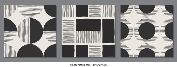 Set of trendy minimalist seamless pattern with abstract hand drawn composition