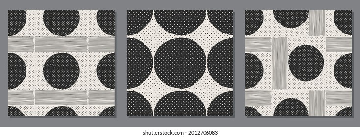 Set of trendy minimalist seamless pattern with abstract hand drawn composition