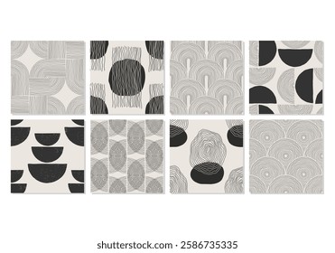 Set of trendy minimalist seamless pattern with abstract creative artistic hand drawn composition