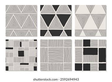 Set of trendy minimalist seamless pattern with abstract creative artistic hand drawn composition