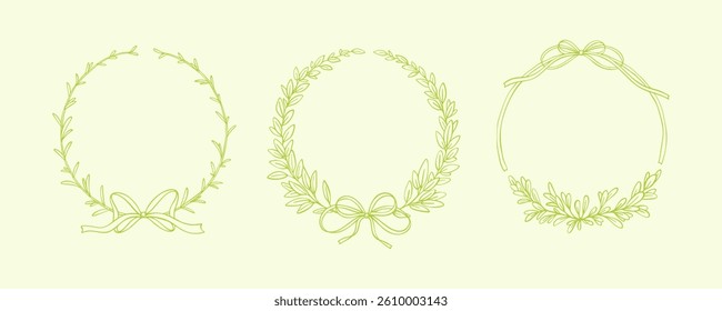 Set of trendy minimalist spring laurel wreaths with cute ribbon bows. Hand drawn doodle vector illustration. Logo, wedding invitation, monogram sketch design element. Green leaves and branches