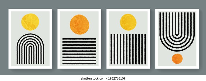 Set of trendy minimalist sun rise posters. Mid-Century Modern geometric backgrounds. 