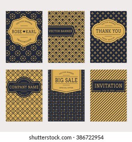 Set of trendy minimalistic banners with abstract ornaments. Elegant card templates in black and gold colors. Wedding invitation, thank you card, company business flyer, sale label. Vector collection.