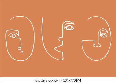 Set of trendy minimalistic faces. Abstract linear silhouette of human faces. Modern avant- garde poster.