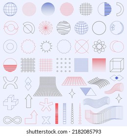 A set of trendy minimalistic linear icons and shapes for web design, posters, clothes, covers. Universal elements in vaporwave and brutalism style. Retro futurism shapes. Color vector illustrations