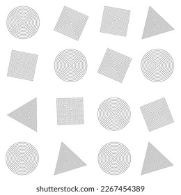 A set of trendy minimalistic linear icons and shapes for web design, posters, clothes, covers. Universal elements in linear style. Retro futurism shapes. Black and white vector illustrations