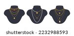 Set of trendy minimalistic necklaces, chains, and beads with gold pendants. Jewelry are displayed on black mannequin busts. Vector cartoon objects for fashion and beauty design. 