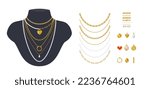 Set of trendy minimalistic necklaces, chains, and beads with gold pendants. Jewelry displayed on black mannequin busts. Vector cartoon objects for fashion and beauty design. Brushes samples included