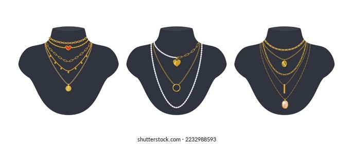 Set trendy minimalistic necklaces  chains    beads and gold pendants  Jewelry are displayed black mannequin busts  Vector cartoon objects for fashion   beauty design  
