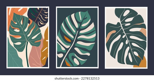Set of trendy minimalistic posters with monstera leaves. Vector illustration. wall art print poster