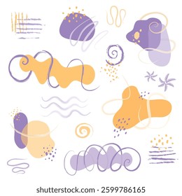 Set of trendy modern abstract design elements of spots and lines in purple and yellow colors. Playful liquid shapes, textured strokes for stylish decoration of any sites, businesses, invitation cards.
