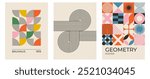 Set of trendy modern abstract geometric bauhaus vector posters with circle, square line shape. Minimalistic print for wall art decoration, postcard or brochure cover design in retro style art.