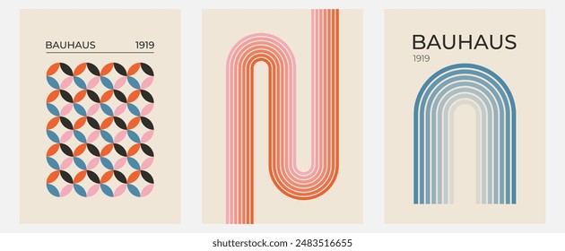 Set of trendy modern abstract geometric bauhaus vector posters with circle, square line shape. Minimalistic print for wall art decoration, postcard or brochure cover design in retro style art.