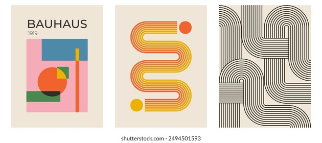 Conjunto de modernos carteles de Vector bauhaus geométrico abstracto moderno con forma de círculo, línea cuadrada. Impresión minimalista para decoración de arte de pared, diseño de portada de postal o folleto en arte de estilo retro.