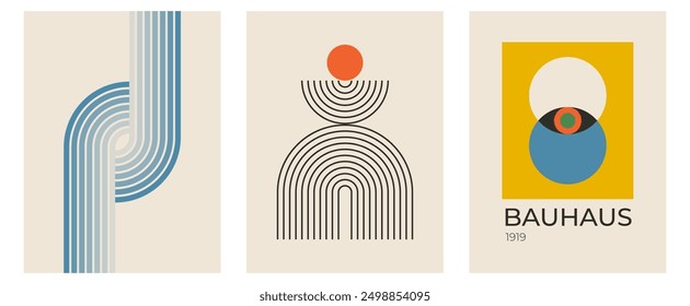 Conjunto de pósters de Vector Bauhaus geométricos abstractos modernos de moda con forma de círculo, línea cuadrada. Impresión minimalista para decoración de arte de pared, postal o diseño de portada de folleto en arte de estilo retro.