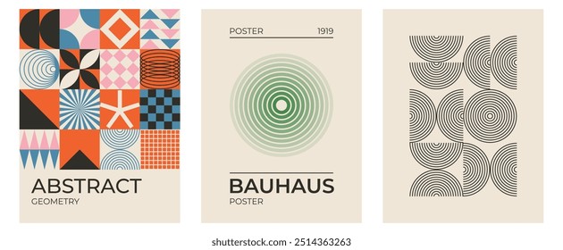 Set of trendy modern abstract geometric bauhaus vector posters with circle, square line shape. Minimalistic print for wall art decoration, postcard or brochure cover design in retro style art.