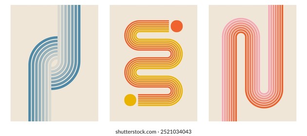 Set of trendy modern abstract geometric bauhaus vector posters with circle, square line shape. Minimalistic print for wall art decoration, postcard or brochure cover design in retro style art.