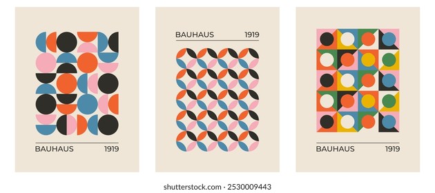 Set of trendy modern abstract geometric bauhaus vector posters with circle, square line shape. Minimalistic print for wall art decoration, postcard or brochure cover design in retro style art.