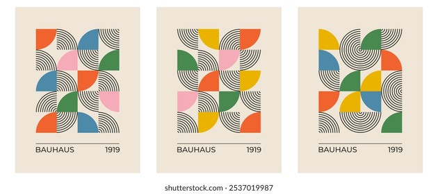 Conjunto de pósters de Vector Bauhaus geométricos abstractos modernos de moda con forma de círculo, línea cuadrada. Impresión minimalista para decoración de arte de pared, postal o diseño de portada de folleto en arte de estilo retro.