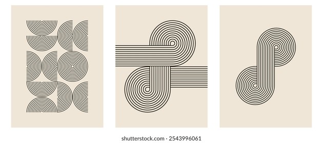 Set of trendy modern abstract geometric bauhaus vector posters with circle, square line shape. Minimalistic print for wall art decoration, postcard or brochure cover design in retro style art.