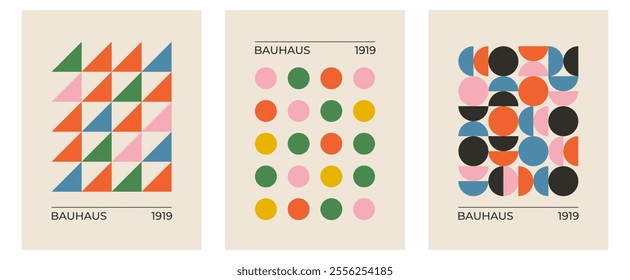 Set of trendy modern abstract geometric bauhaus vector posters with circle, square line shape. Minimalistic print for wall art decoration, postcard or brochure cover design in retro style art.