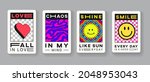 Set of Trendy Modern Abstract Patch Arts. Collection Of Cool Sticker Cards for Print. Love, Chaos, Shine and Smile Pins.