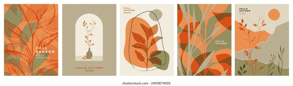 Set of trendy modern art style abstract autumn posters or covers with bright beautiful leaves and plants. Fall background, Sale banner, or flyer design. Template for advertising, web, social media