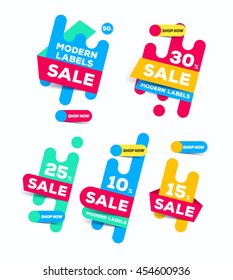 Set of trendy modern badges with button for sale and discount.