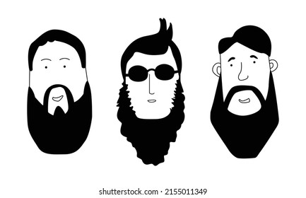 Conjunto de hombres modernos y modernos con barba, hipsters con diferentes cortes de pelo y barbas. Silhouettes, emblemas, insignias, etiquetas. Ilustración vectorial en estilo doodle.