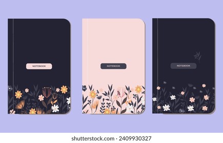 A set of trendy modern covers and title pages. Universal design for notepads, planners, planners and notepads. Vector illustration with wildflowers.