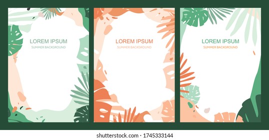 Conjunto de afiches modernos y de moda para el texto. Floral tropical pastel para invitaciones de boda y fiesta. Las hojas de palma en forma de corte de papel están aisladas en blanco. Ilustración vectorial plana.