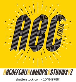 Set of trendy modern vector capital alphabet letters isolated. Funky italic bold condensed font for use as business poster design elements. Made with stripy decoration.