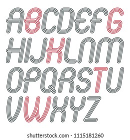 Set of trendy modern vector capital alphabet letters isolated. Disco cursive rounded font for use as business poster design elements. Created using triple stripy, parallel lines.