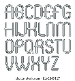 Set of trendy modern vector capital alphabet letters isolated. Disco rounded font for use as business poster design elements. Made with geometric parallel triple lines.