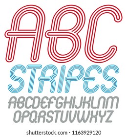 Set of trendy modern vector capital alphabet letters isolated. Disco cursive rounded font for use as business poster design elements. Created using geometric triple stripes