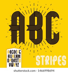 Set of trendy modern vector capital alphabet letters isolated. Funky bold condensed font for use as business poster design elements. Made with stripy decoration.