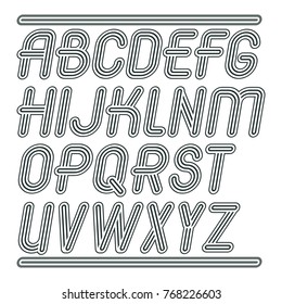 Conjunto de letras vectoriales modernas de moda aisladas. Tipo de letra cursiva para uso como elementos de diseño de afiches comerciales. Creado con rayas triples geométricas.