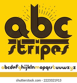 Set of trendy modern vector lowercase alphabet letters isolated. Funky bold rounded font for use as business poster design elements. Created using stripy ornate, parallel lines.