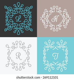 Set of trendy monogram design templates. Abstract lineart logo design. Outline mono line style graphic elements collection. Blue, white, gray, black and brown colors. Vector illustration.