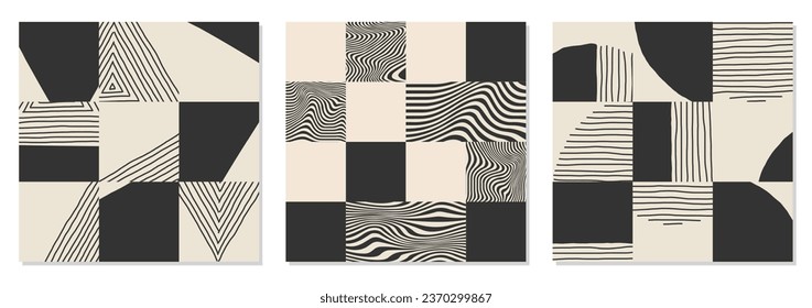 Set of trendy motley seamless pattern with abstract paper cut elements shape