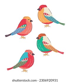 Set of trendy multicolored birds in hand drawn style. Doodle. isolated. Feathers. Nest. Groovy.Vector stock illustration. Ornament in the old style