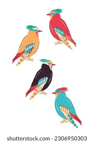 Set of trendy multicolored birds in hand drawn style. Doodle. isolated. Feathers. Nest. Groovy.Ornament in the old style.Vector stock illustration. 