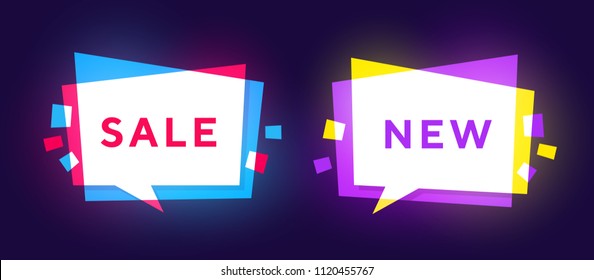 Set of trendy neon glowing geometric vector banners. Vivid transparent speech bubbles in bright and funny party style. Neon colors on dark background. Red, blue, yellow and purple.