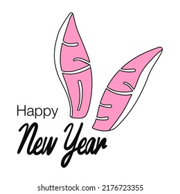 Set of trendy New Year design with typography. 2023 Happy New Year with cute bunny face greeting vector. Rabbit ears. Easter bunny