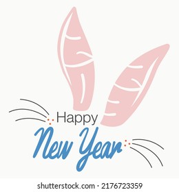 Set of trendy New Year design with typography. 2023 Happy New Year with cute bunny face greeting vector. Rabbit ears. Easter bunny