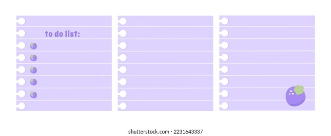 Set Trendy note hojas adhesivas de papel de nota, notas pegajosas vector color púrpura pastel lindo con bayas. Notas en papel en blanco, notas adhesivas y mensajes memo