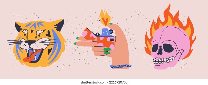 Set of trendy objects: burning skull with flames, hand with lighter and fire, roaring tiger. Collection of funny isolated objects for print, t shirt, card, poster, tattoo.