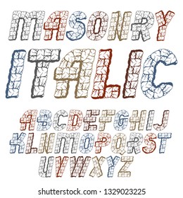Set of trendy old vector capital English alphabet letters isolated. Bold italic font, typescript for use as business poster design elements. Created using masonry texture.