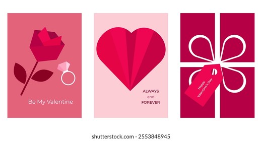 Set of trendy open for valentine's day. Abstract icons of flower, heart and gift in modern geometric style. Vector illustration.