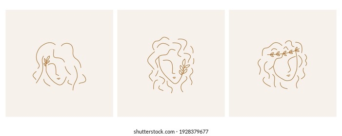 Set of trendy outline abstract woman faces or portraits with leaves and wreath. Greek or greece modern style. Vector illustration, template, logo emblem design. Editable stroke.